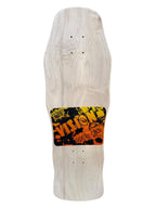 A longboard skateboard deck shown from the underside, featuring a natural light wood grain surface with a colorful graphic patch near the tail. The graphic includes the brand name 'Division' in orange and yellow over a black background.