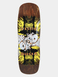 A skateboard deck shown vertically against a light gray background, featuring a dark brown wood-grain base with a graphic design in yellow, black, and white. The graphic includes the words 'VISION' and 'NOISIA'.