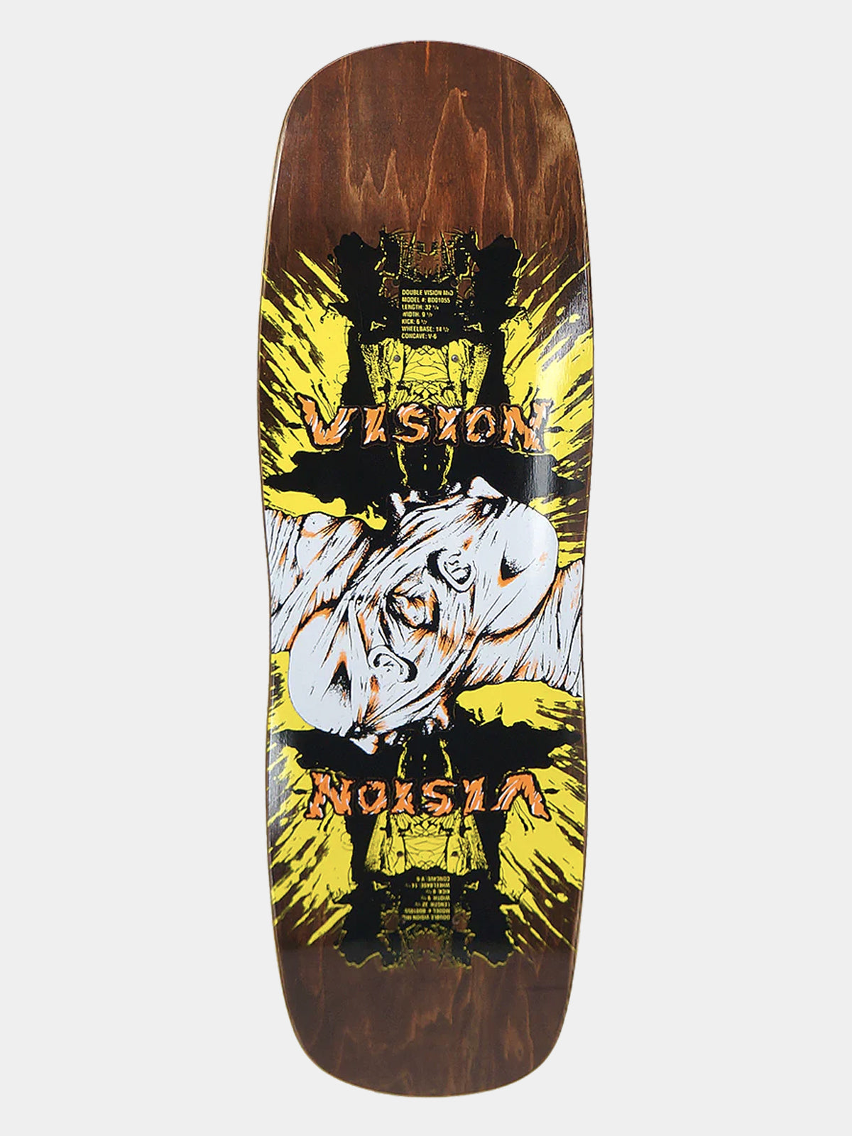 A skateboard deck shown vertically against a light gray background, featuring a dark brown wood-grain base with a graphic design in yellow, black, and white. The graphic includes the words 'VISION' and 'NOISIA'.