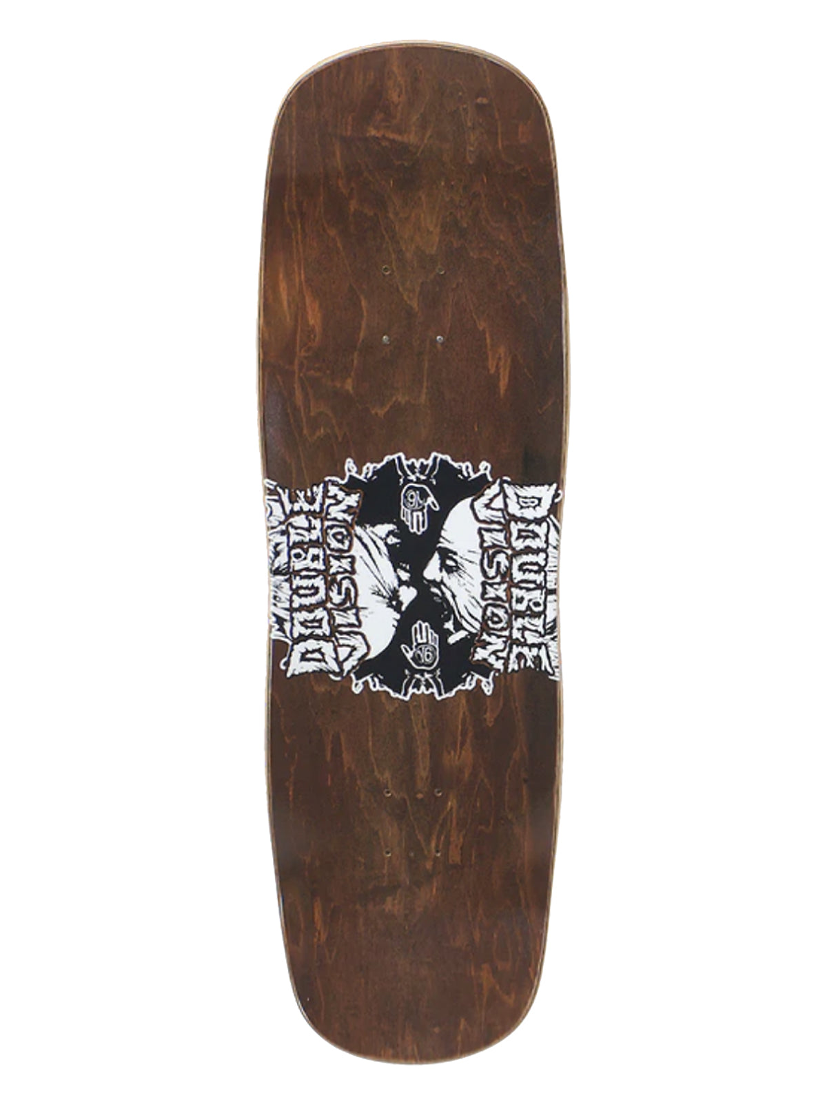 A dark brown wooden skateboard deck with a prominent black and white graphic in the center featuring a skull and the words 'The Double A' and 'Drift'.