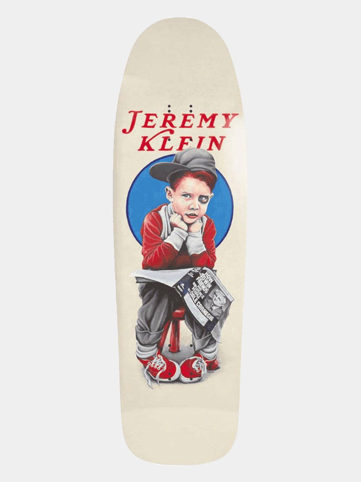 World Industries Heritage Division Jeremy Klein Black Eye Kid Slick reissue old school skateboard deck. Bottom graphic features Marc McKee's 1991 cartoon illustration of a bruised kid with a black eye on a beige transition shape.