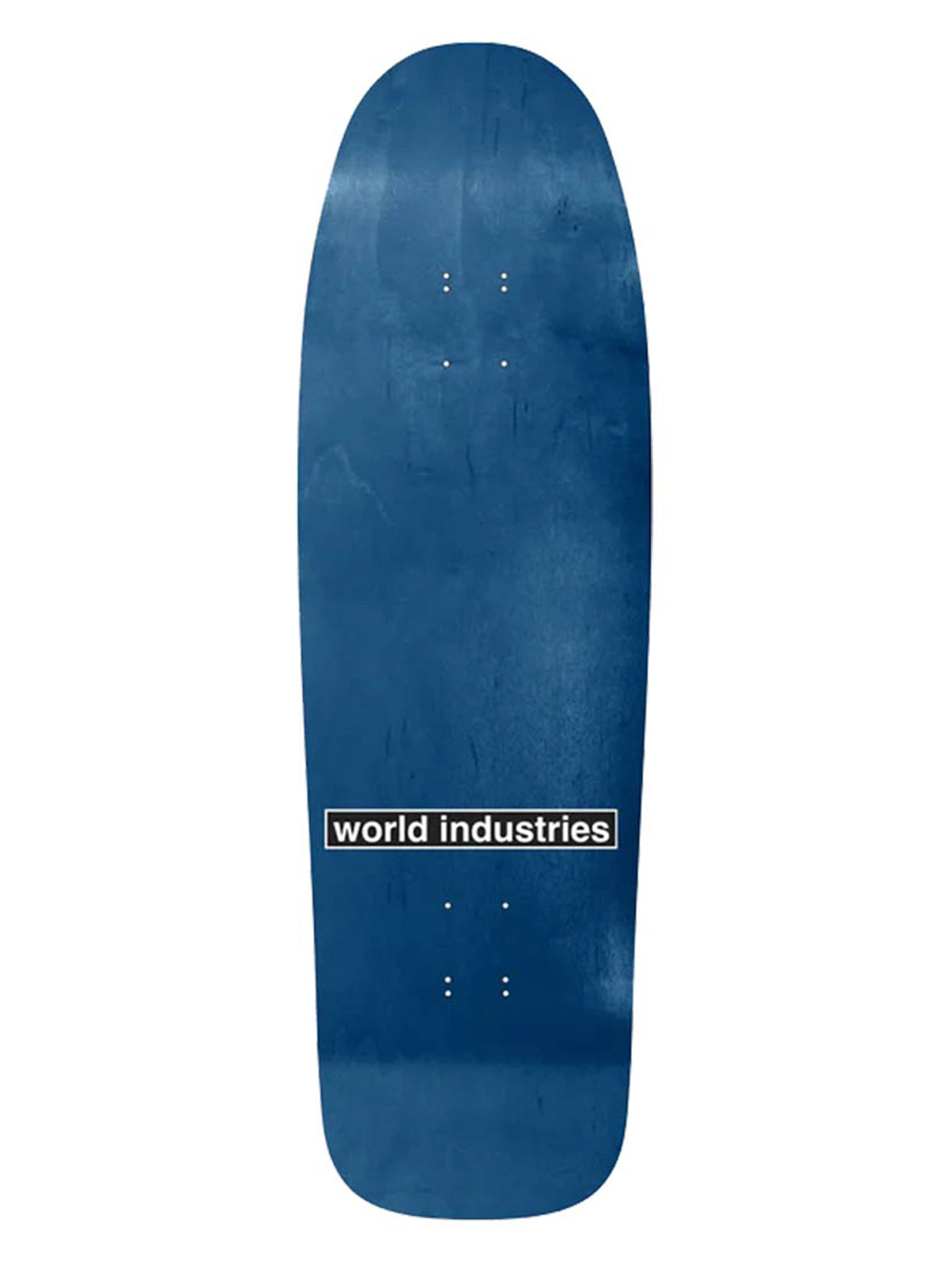 World Industries Heritage Division Jeremy Klein Black Eye Kid Slick reissue old school skateboard deck in dark denim blue with 'WORLD INDUSTRIES' branding in black and white.