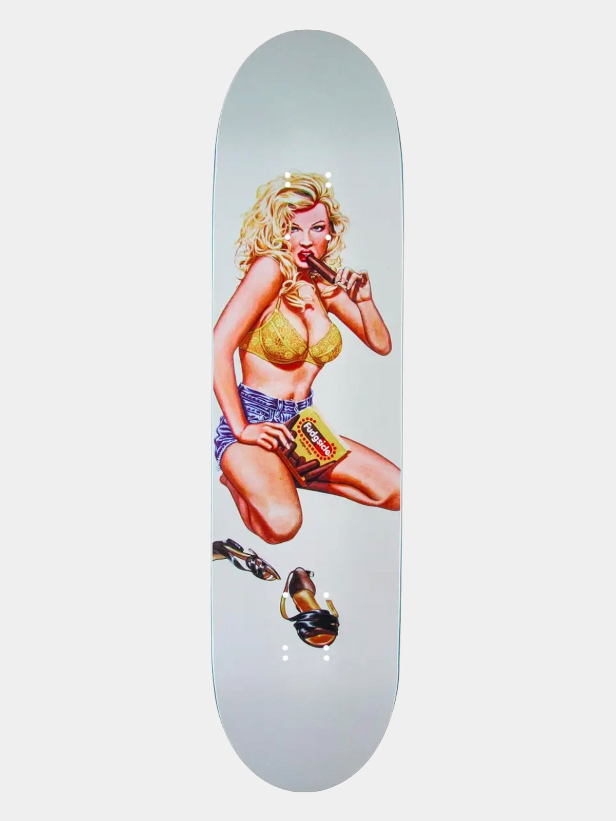 World Industries Kareem Campbell Fudgesicle reissue old school skateboard deck. Bottom graphic features the iconic Marc McKee cartoon artwork of a melting chocolate fudgesicle bar on a skinny 90s popsicle shape.