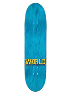 World Industries Kareem Campbell Fudgesicle reissue old school skateboard deck with turquoise wood stain and 'WORLD KAREEM' branding in Yellow and Red.