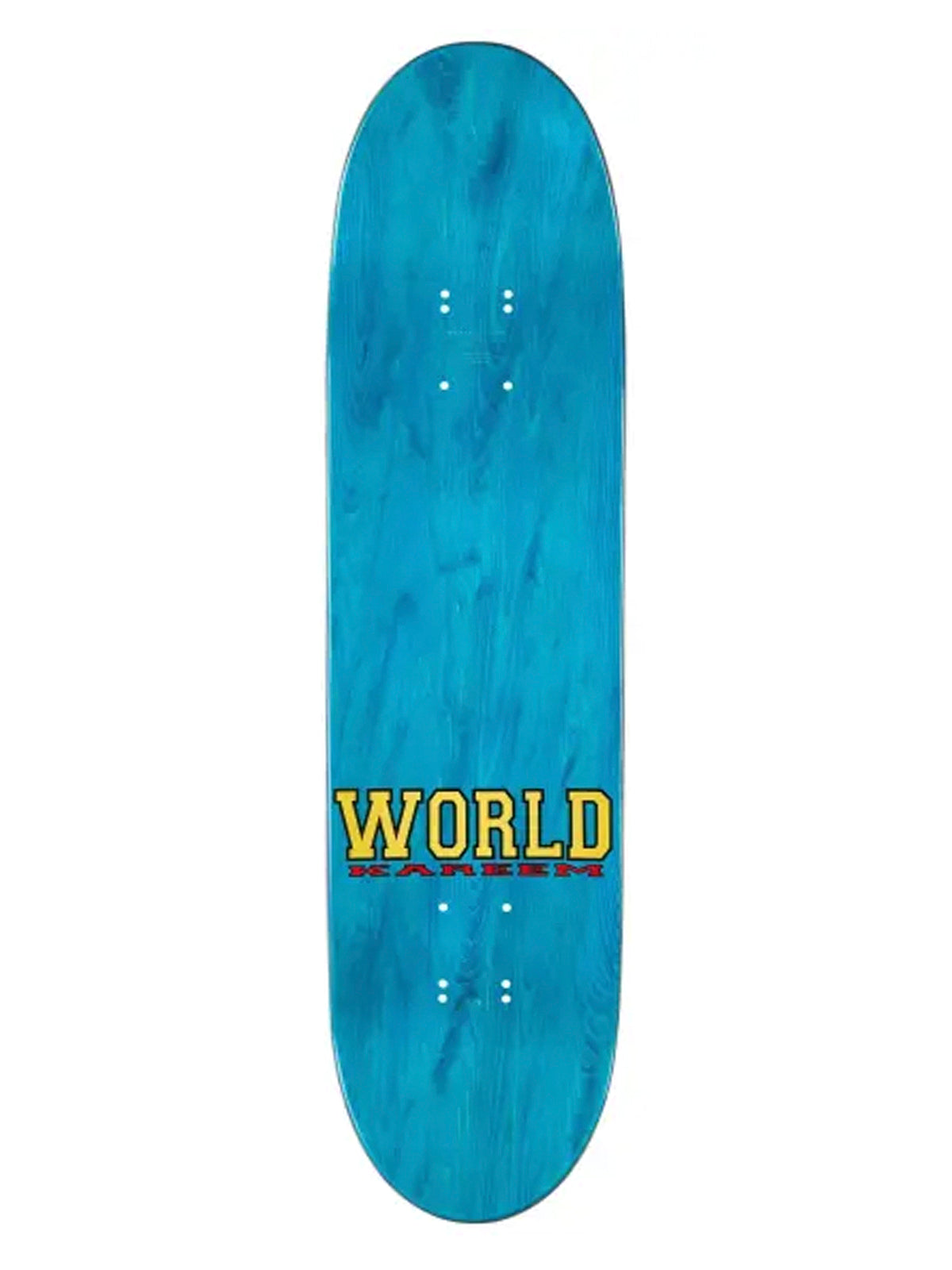 World Industries Kareem Campbell Fudgesicle reissue old school skateboard deck with turquoise wood stain and 'WORLD KAREEM' branding in Yellow and Red.