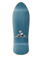A blue skateboard deck with a natural wood grain finish, featuring a black and white 'World Industries' logo in the center, shown against a plain white background.