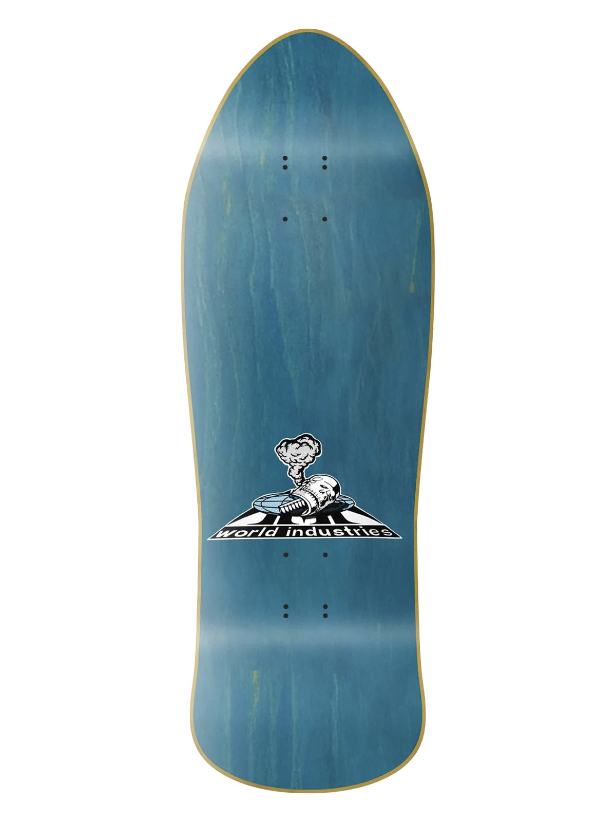 A blue skateboard deck with a natural wood grain finish, featuring a black and white 'World Industries' logo in the center, shown against a plain white background.