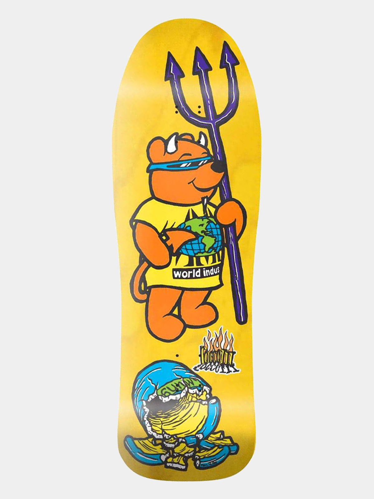 A skateboard deck with a bright yellow background, featuring a cartoon orange bear wearing sunglasses and holding a purple trident, with a blue and yellow creature at the bottom and a 'world indie' graphic.