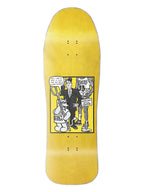 A yellow skateboard deck featuring a black and white comic-style graphic in the center depicting a suited figure, a rabbit-like character, and a sign that reads 'I AM NOT A DOG'.