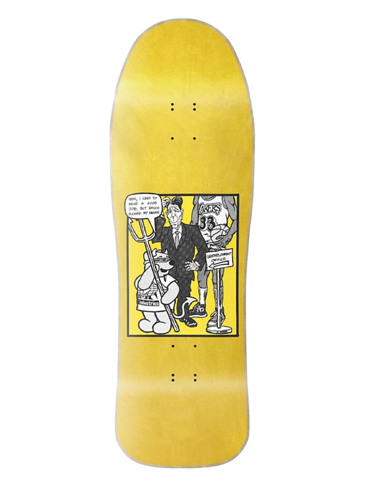 A yellow skateboard deck featuring a black and white comic-style graphic in the center depicting a suited figure, a rabbit-like character, and a sign that reads 'I AM NOT A DOG'.