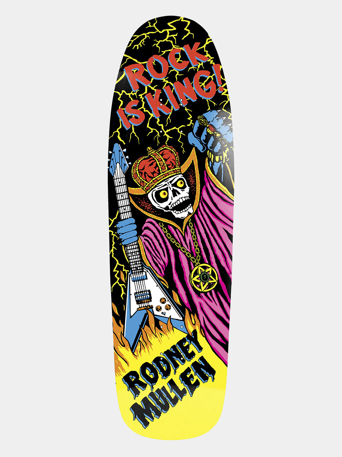World Industries Rodney Mullen Rock Is King reissue old school skateboard deck. Bottom graphic features Marc McKee's 1989 cartoon illustration of a crowned skeleton rockstar holding a flying V guitar under lightning bolts.
