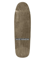 Top view of World Industries Rodney Mullen Rock Is King reissue old school skateboard deck. Features a dark grey stained wood veneer top layer with the classic retro white and black World Industries block logo.