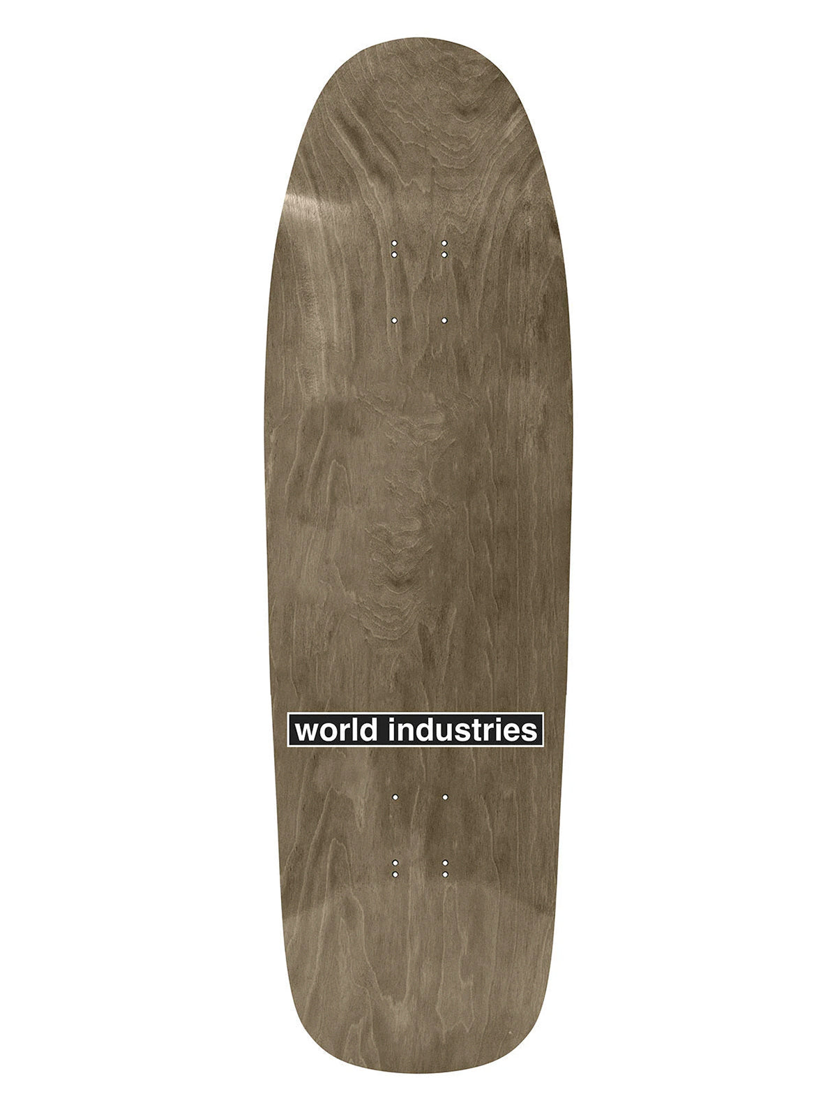 Top view of World Industries Rodney Mullen Rock Is King reissue old school skateboard deck. Features a dark grey stained wood veneer top layer with the classic retro white and black World Industries block logo.