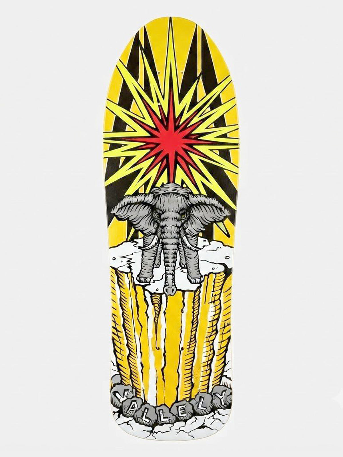 A skateboard deck featuring a graphic design with a gray elephant on a cloud, set against a yellow and black starburst background with a red center, and the word 'CALLEJO' at the bottom.